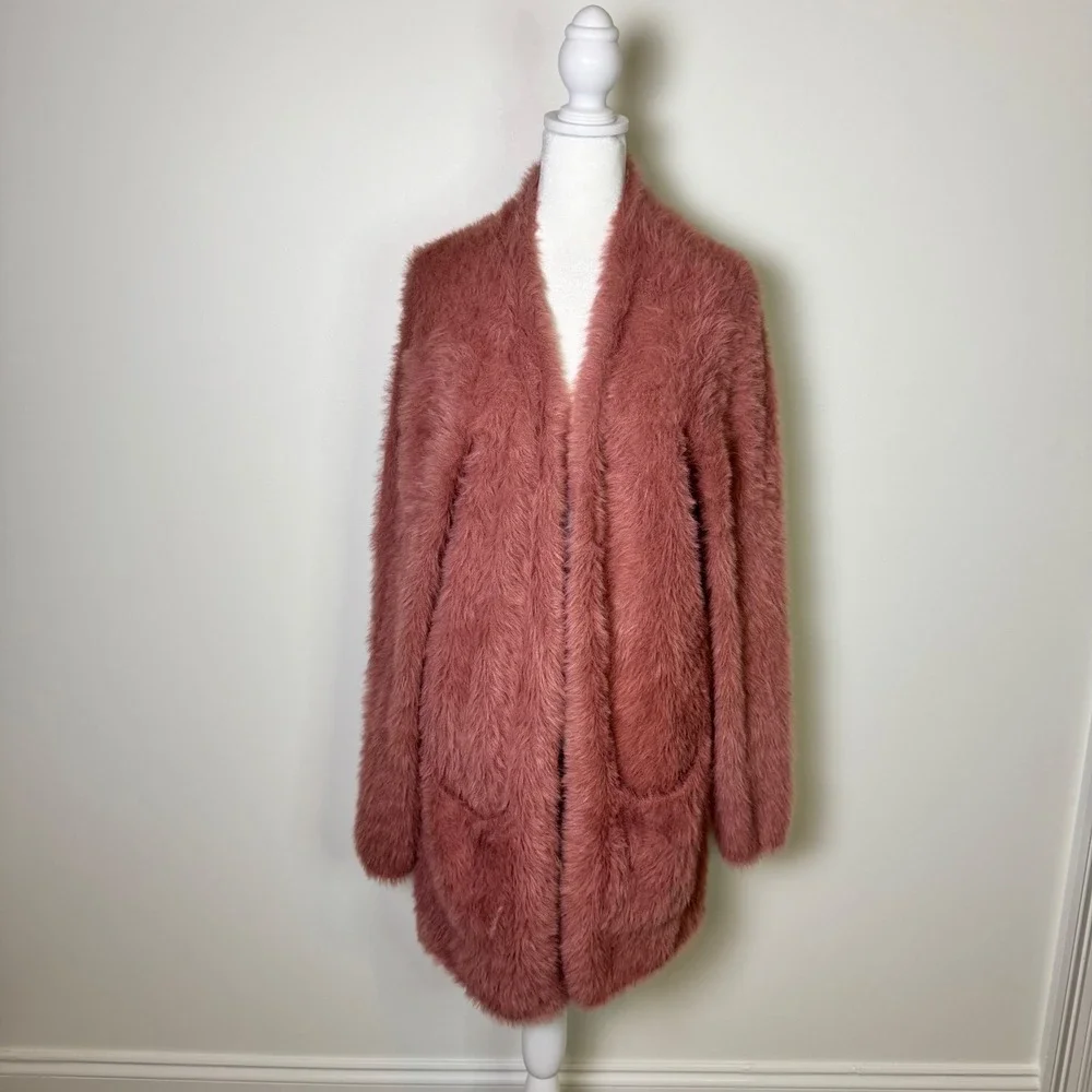Free People Faux Fur Cardigan Dusty Rose Size Medium Boho Cozy Fuzzy Cottagecore